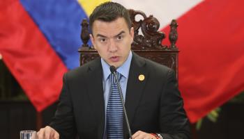 Noboa speaks at the 15th Binational Presidents Meeting in Lima, Peru. July 2024 (Paolo Aguilar/EPA-EFE/Shutterstock)