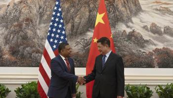 US Director of National Drug Control Policy Rahul Gupta (left) meets China’s Minister of Public Security Wang Xiaohong in Beijing (NG HAN GUAN/POOL/EPA-EFE/Shutterstock)