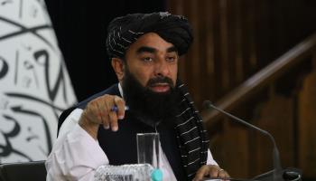 Zabihullah Mujahid, spokesman for the Taliban, briefing journalists in Kabul after returning from the June 30-July 1 meeting in Doha of special envoys on Afghanistan (Samiullah Popal/EPA-EFE/Shutterstock)