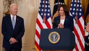 Vice President Kamala Harris and President Joe Biden at a White House event, August 29, 2023. (Nathan Posner/Shutterstock)