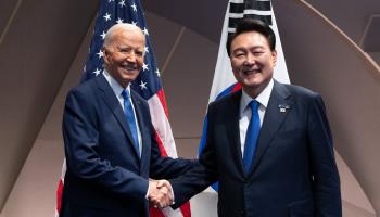 South Korean President Yoon Suk-Yeol (right) meets his US counterpart Joe Biden (left) on the sidelines of the NATO summit in Washington DC (Yonhap/POOL/EPA-EFE/Shutterstock)