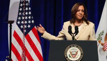 Vice President Kamala Harris speaks at an event in Indianapolis, Indiana, July 24, 2024 (Brian Spurlock/EPA-EFE/Shutterstock)