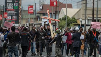 Mourners protest after an alleged M23 attack on an IDP camp near Goma, May 15, 2024 (Moise Kasereka/EPA-EFE/Shutterstock)