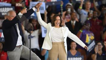 Governor Tim Walz (left) and Vice President Kamala Harris campaigning in Detroit, Michigan, August 7, 2024 (Scott Hasse/ZUMA Press Wire/Shutterstock)