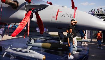 Baykar’s Akinci drone showcased at a technology exhibition in Ankara, August 30, 2023 (Tunahan Turhan/SOPA Images/Shutterstock)