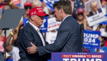 Former President Donald Trump (l) and Virginia Governor Glenn Youngkin at a Trump rally in Chesapeake, Virginia, June 28, 2024 (Shawn Thew/EPA-EFE/Shutterstock)