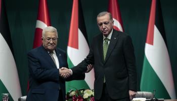 Turkish President Recep Tayyip Erdogan and Palestinian leader Mahmoud Abbas during a joint press conference in Ankara, 5 March 2024 (Xinhua/Shutterstock)
