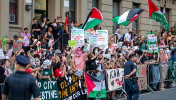 Pro-Palestinian protesters outside a Kamala Harris campaign event in Manhattan, August 14, 2024 (Michael Nigro/Pacific Press/Shutterstock)