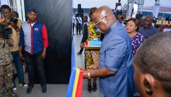 Congolese President Felix Tshisekedi inaugurates a new dry port at Sakania, near the Kasumbalesa border crossing, October 3, 2023 (Xinhua/Shutterstock)