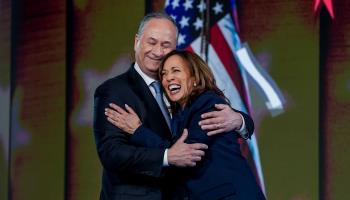 Presidential nominee Kamala Harris embraces her husband after addressing the Democratic National Convention in Chicago, August 22, 2024 (Will Oliver/EPA-EFE/Shutterstock)