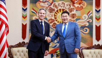 US Secretary of State Antony Blinken (left) meets Mongolian Prime Minister Luvsannamsrain Oyun-Erdene (right) in Ulaanbaatar (Byambasuren Byamba-Ochir/EPA-EFE/Shutterstock)