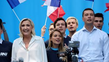 Marine Le Pen and Jordan Bardella, leaders of the far-right National Rally (Alain Robert/SIPA/Shutterstock)