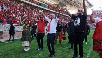 EFF co-founders Floyd Shivambu (right) and Julius Malema (centre) campaign ahead of the 2024 elections (STR/EPA-EFE/Shutterstock)