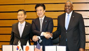 From right to left: US Secretary of Defence Lloyd Austin, Japanese Defence Minister Minoru Kihara and South Korean Defence Minister Shin Won-sik at a trilateral defence ministerial meeting in Tokyo (Yoshikazu Tsuno/POOL/EPA-EFE/Shutterstock)