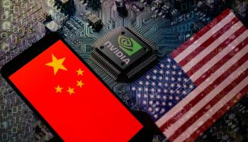 The flags of China and the USA with a Nvidia chip in the background (Jonathan Raa/NurPhoto/Shutterstock)