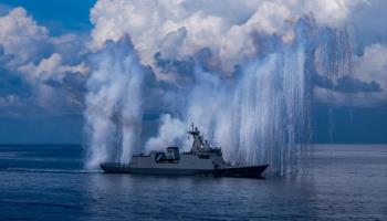 A Philippine Navy ship launching Bullfighter chaff decoys during a capability demonstration (Ali Vicoy/EPA-EFE/Shutterstock)