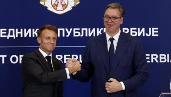 Serbian President Aleksandar Vucic with French President Emmanuel Macron during the latter’s visit to Belgrade, August 2024 (Xinhua/Shutterstock)