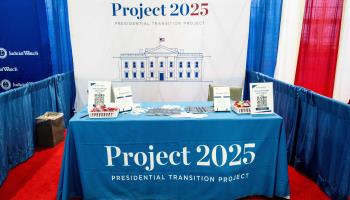 A Project 2025 booth at a Conservative  Political Action Conference meeting in Maryland, February 23, 2024 (Michael Brochstein/SOPA Images/Shutterstock)