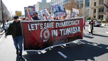 Tunisians protesting in Washington against President Kais Saied (Phil Pasquini/ Shutterstock)