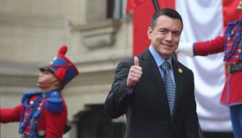 Noboa gives a thumbs-up during a trip to Lima, Peru. July 2024 (Paolo Aguilar/EPA-EFE/Shutterstock)