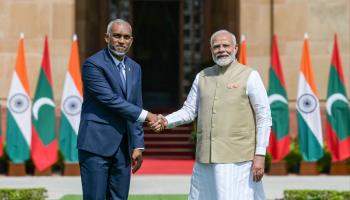 Maldivian President Mohamed Muizzu (left) meeting Indian Prime Minister Narendra Modi (right) in Delhi on October 7 (Hindustan Times/Shutterstock)

