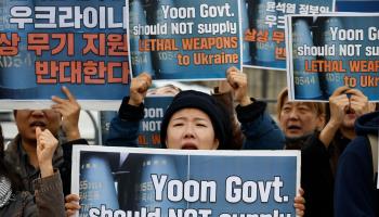 A protest in Seoul against government plans to supply Ukraine with arms (Jeon Heon-Kyun/EPA-EFE/Shutterstock)

