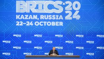 Russian President Vladimir Putin at the BRICS Summit press conference, Kazan, Russia (Alexey Filippov/Brics-/Planet Pix via ZUMA Press Wire/Shutterstock)