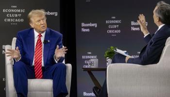 Presidential candidate Donald Trump describes his tariff policy during an interview at the Economic Club of Chicago, October 16, 2024 (Brian Cassella/TNS via ZUMA Press Wire/Shutterstock)