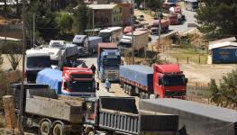 Lorries parked during a blockade by Morales supporters in Epizana, Cochabamba, October 2024 (Jorge Abrego/EPA-EFE/Shutterstock)