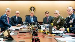 From the White House Situation Room, President Donald Trump and his advisors watch a US raid on ISIS positions, October 26, 2019 (Handout/Getty Images)