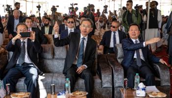 Chinese Ambassador to Afghanistan Zhao Xing (front centre) at the inauguration ceremony for the Mes Aynak copper mining project in July (Wakil Kohsar/AFP via Getty Images)