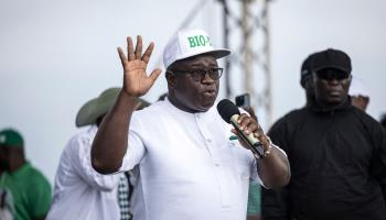 Sierra Leone’s President Julius Maada Bio at a campaign rally ahead of the 2023 general election, June 2023 (John Wessels/Getty Images)