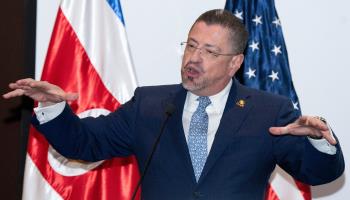 President Rodrigo Chaves delivers a speech at the launch of Costa Rica’s national semiconductor strategy in San Jose (Ezequiel Becerra/AFP/Getty Images)