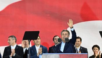 Georgian billionaire Bidzina Ivanishvili addresses the crowd during a rally organised by the ruling Georgian Dream party (Vano Shlamov/AFP/Getty Images

