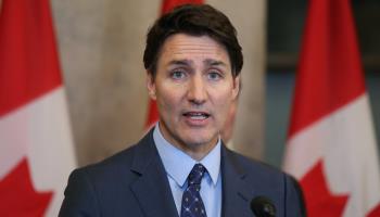 Canadian Prime Minister Justin Trudeau at a press conference after Ottawa’s expulsion of six Indian diplomats and consular officials on October 14 (Dave Chan/AFP/Getty Images)