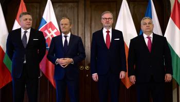 Slovak, Polish, Czech and Hungarian prime ministers at a meeting of the Visegrad Group, February 2024 (Michal Cizek/AFP/Getty Images)