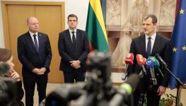 DSVL leader Saulius Skvernelis, Dawn of Nemunas leader Remigijus Zemaitaitis and LSDP’s Gintautas Paluckas, November 2024 (Petras Malukas/AFP/Getty Images)