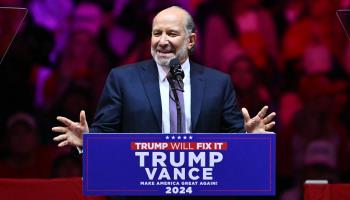 Howard Lutnick, President-elect Trump’s choice for Commerce Secretary, speaks at a Republican rally in New York, October 27, 2024 (Angela Weiss/AFP via Getty Images)