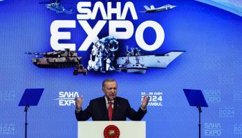 President Recep Tayyip Erdogan speaks at the closing ceremony of Saha Expo, October 2024 (Ozan Guzelce/dia images/Getty Images)