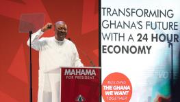 NDC candidate, former President John Mahama, gives a campaign speech, April 2024 (Ernest Ankomah/Getty Images)