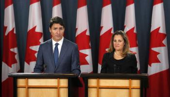 Justin Trudeau and Chrystia Freeland appear together at a news conference in Ottawa, October 1, 2018 (Patrick Doyle/AFP/Getty Images)

