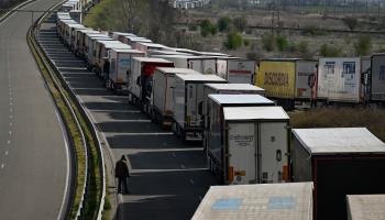 Trucks queue on the border between Bulgaria and Romania, March 2024 (Nikolay Doychinov/AFP/Getty Images)