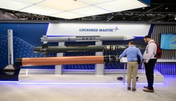 Visitors look at a Patriot (middle) and THAAD missile (bottom) during a defence equipment fair in London, September 13 , 2023 (Leon Neal/Getty Images)