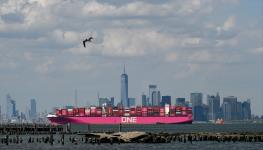 Container ship leaving New York harbour, May 2025 (Angela Weiss/AFP/Getty Images)

