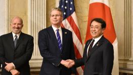 Japan’s top trade negotiator Ryosei Akazawa (right) poses with US Treasury Secretary Scott Bessent (centre) and Commerce Secretary Howard Lutnick (left) in Washington DC (STR/JIJI Press/AFP/Getty Images)

