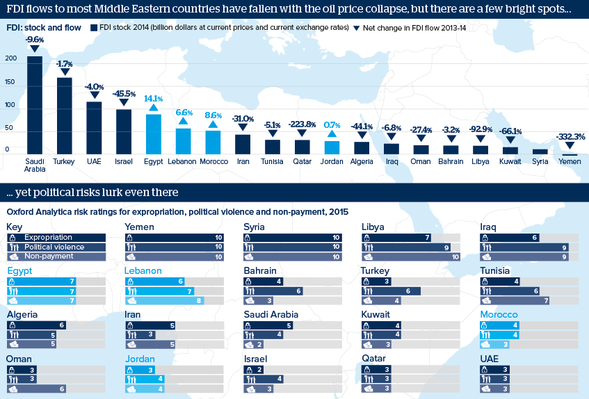 FDI flows to most Middle Eastern countries have fallen with the oil price collapse, but there are a few bright spots... yet political risks lurk even there