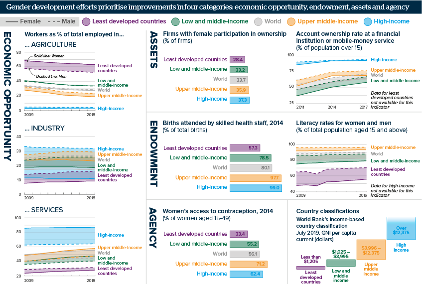 Gender development efforts prioritise improvements in four categories: economic opportunity, endowment, assets and agency