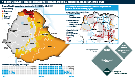 Infographic investigating food insecurity in Ethiopia. Northern Ethiopia is particularly affected, with conflict and road blocks hindering aid from reaching Tigray