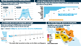 Infographic exploring the multiple threats that climate change poses to the Middle East. Charts look at the effects of daytime temperatures increasing beyond tolerable levels, the share of population liable to be impacted by flooding, global rankings for water stress, and the likely effect of climate change on incomes.