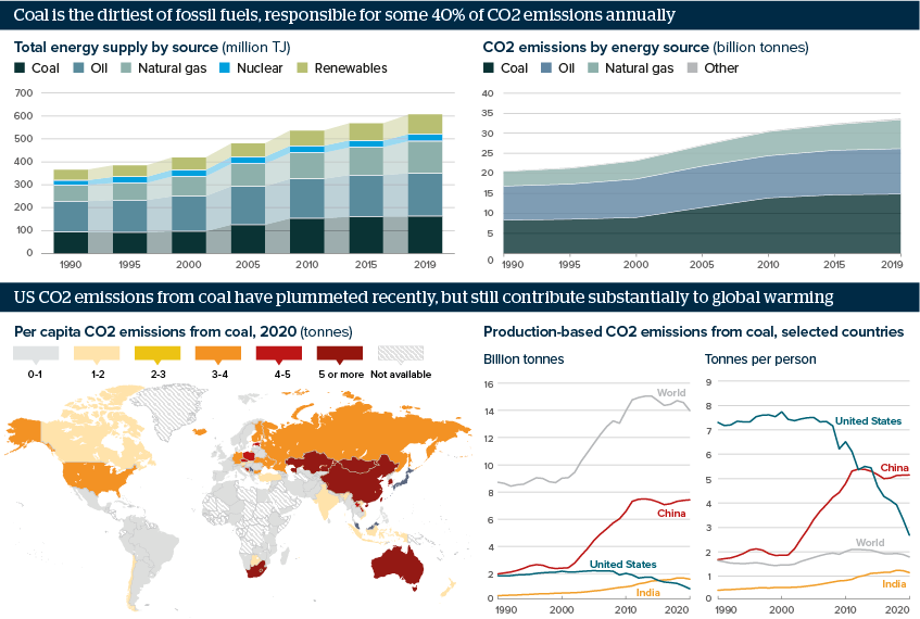 Infographic exploring the role of coal in global energy supply, and its contribution to climate change.